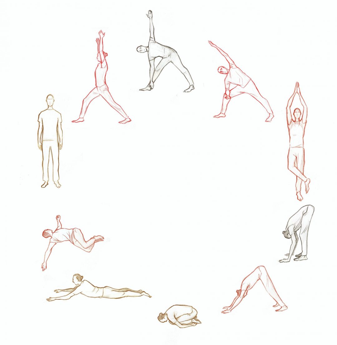 Collage sketch of man in yoga postures